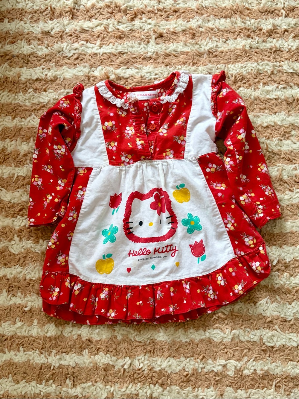 Vintage Hello Kitty Red Floral Apron-Front Dress